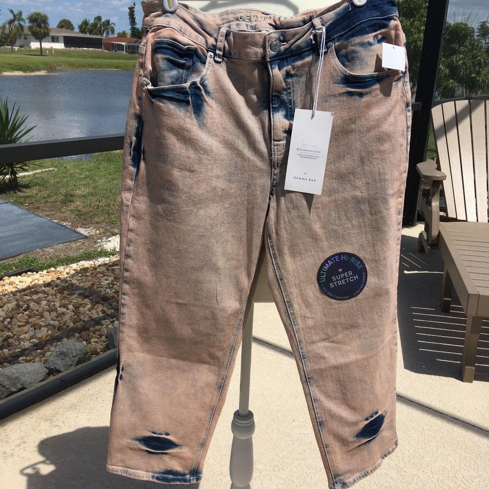 Gemma Rae Straight Crop  Peach Blue Stretch Jeans Festival Boho Retro SZ 15